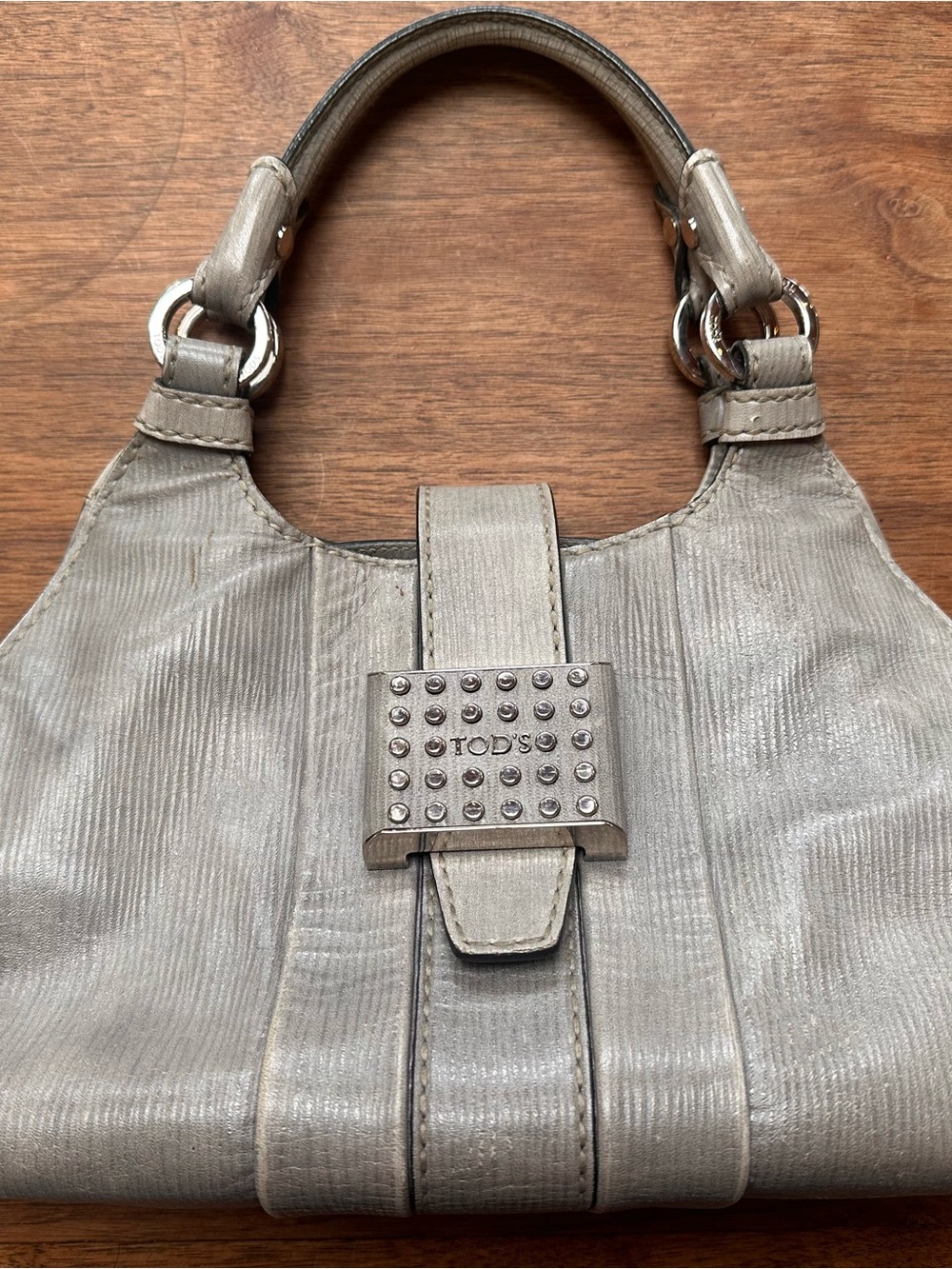TOD'S Taupe Gray Leather Stud-Accent Shoulder Bag